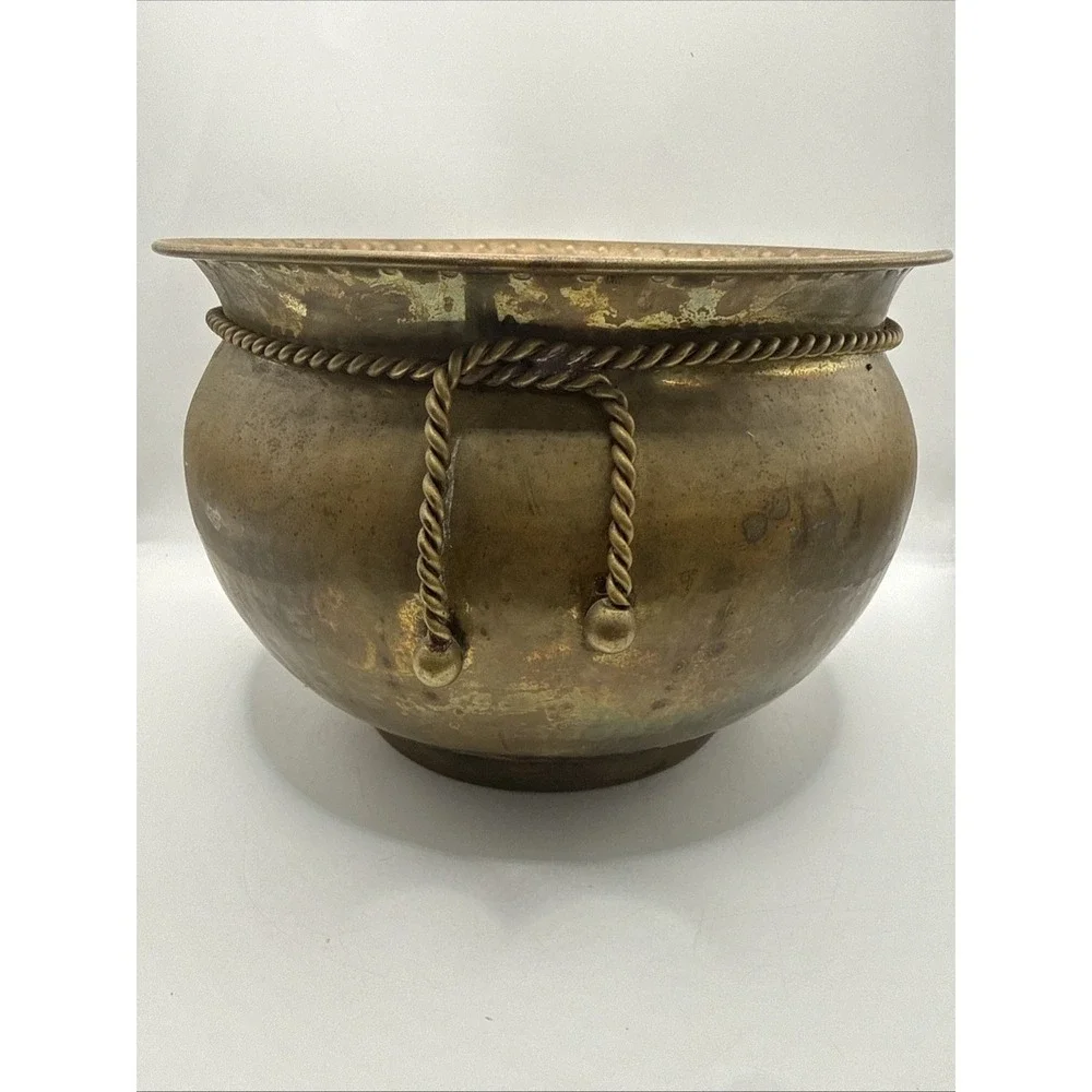 Vintage Brass Bowl Planter With Rope And Tassel Trim Nice Patina 6